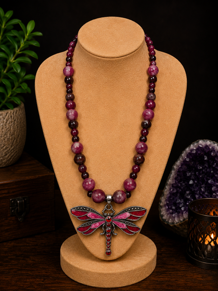 Garnet Beaded Necklace – Wave Pattern | 22" Steel Wire Necklace