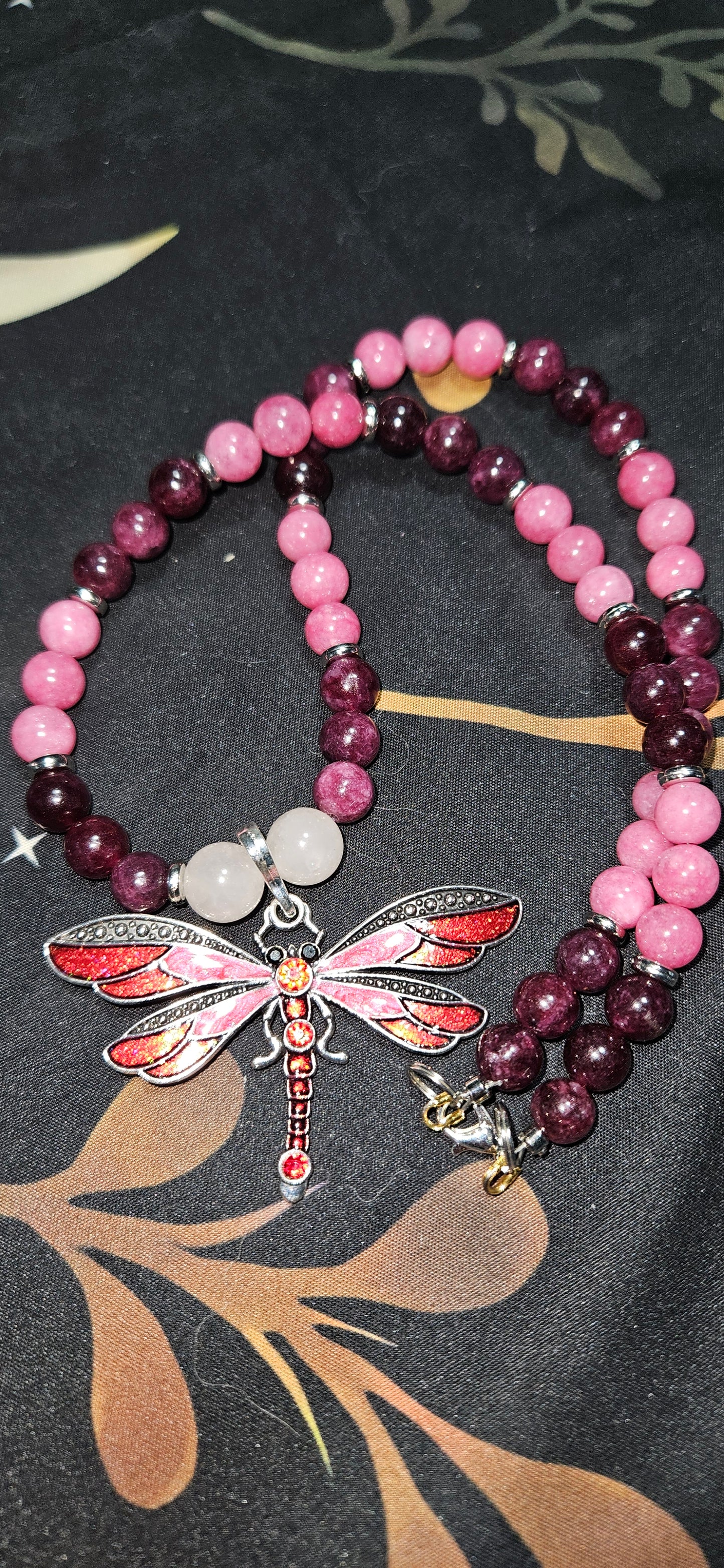 Garnet and Rhodocrosite Necklace with Dragonfly Pendant