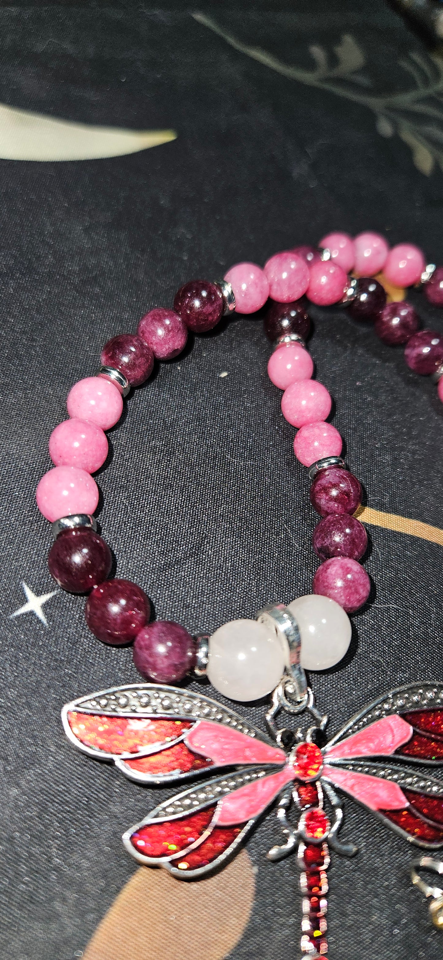 Garnet and Rhodocrosite Necklace with Dragonfly Pendant