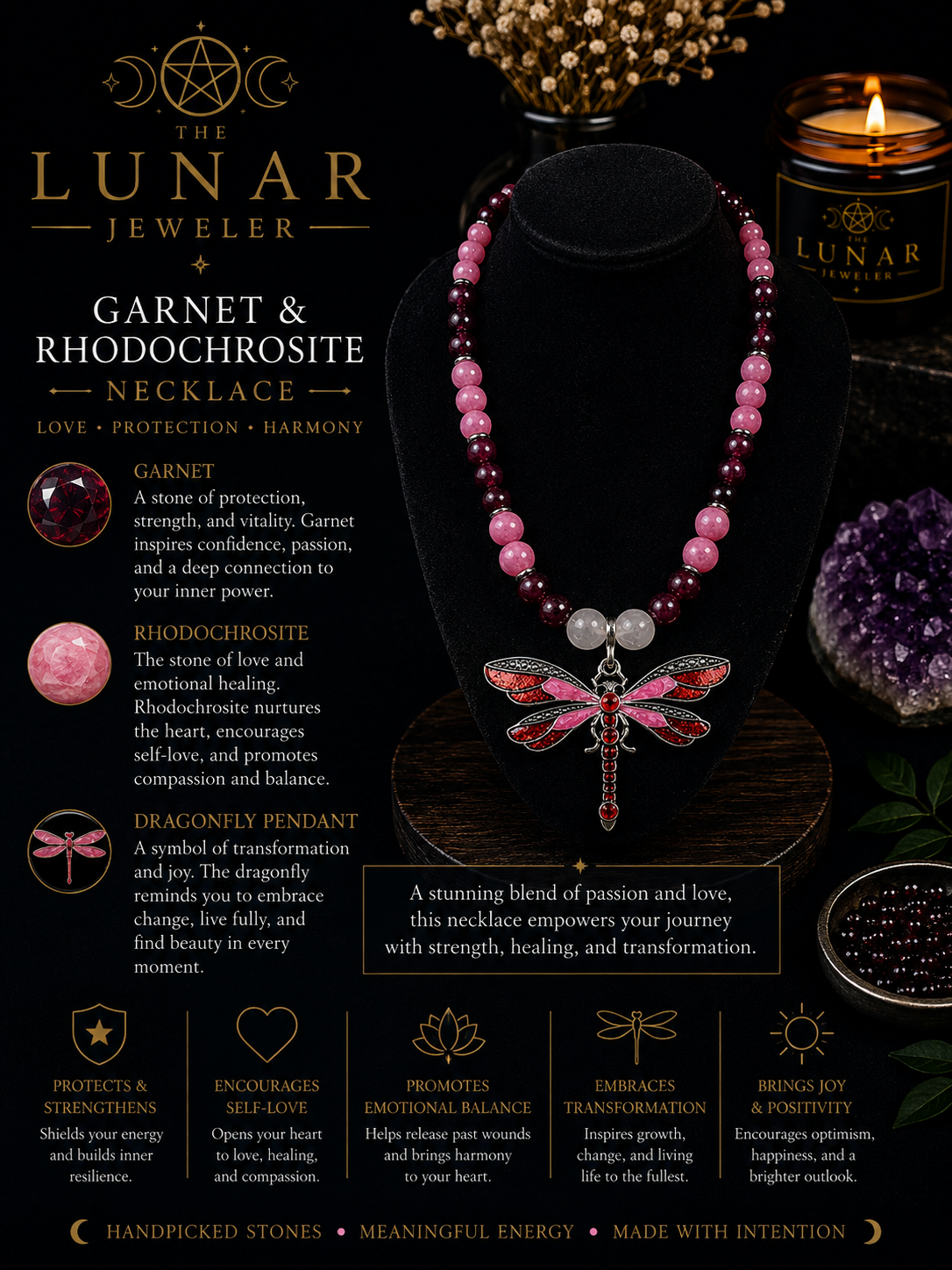 Garnet & Rhodochrosite Beaded Necklace with Red Dragonfly Pendant – 22