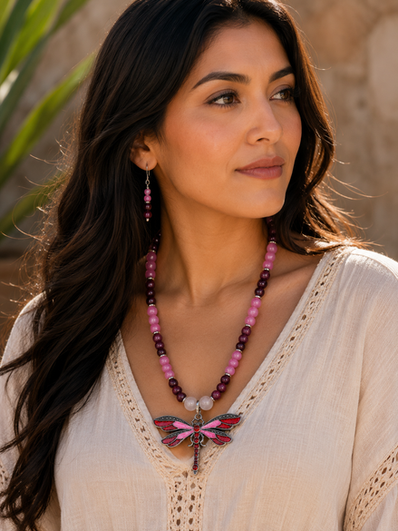 Garnet & Rhodochrosite Beaded Necklace with Red Dragonfly Pendant – 22" Steel Wire Necklace