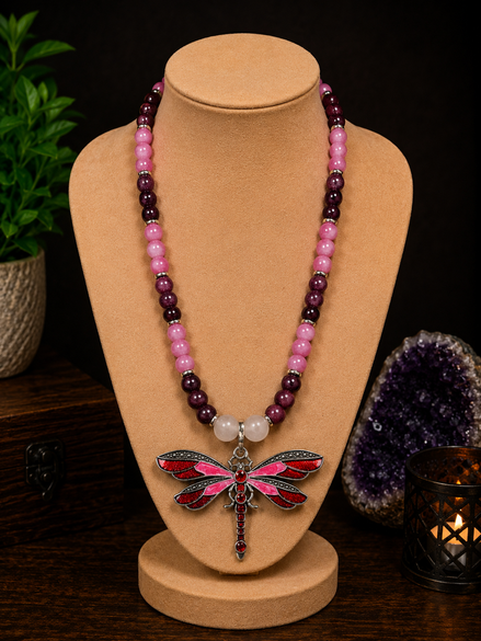 Garnet & Rhodochrosite Beaded Necklace with Red Dragonfly Pendant – 22" Steel Wire Necklace