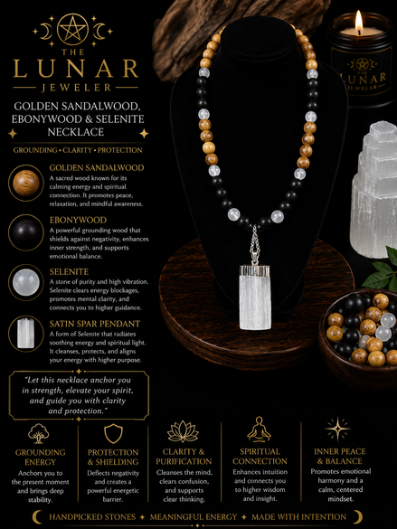 Golden Sandalwood, Ebony Wood & Selenite Beaded Necklace with Satin Spar Pendant – 22" Steel Wire Necklace