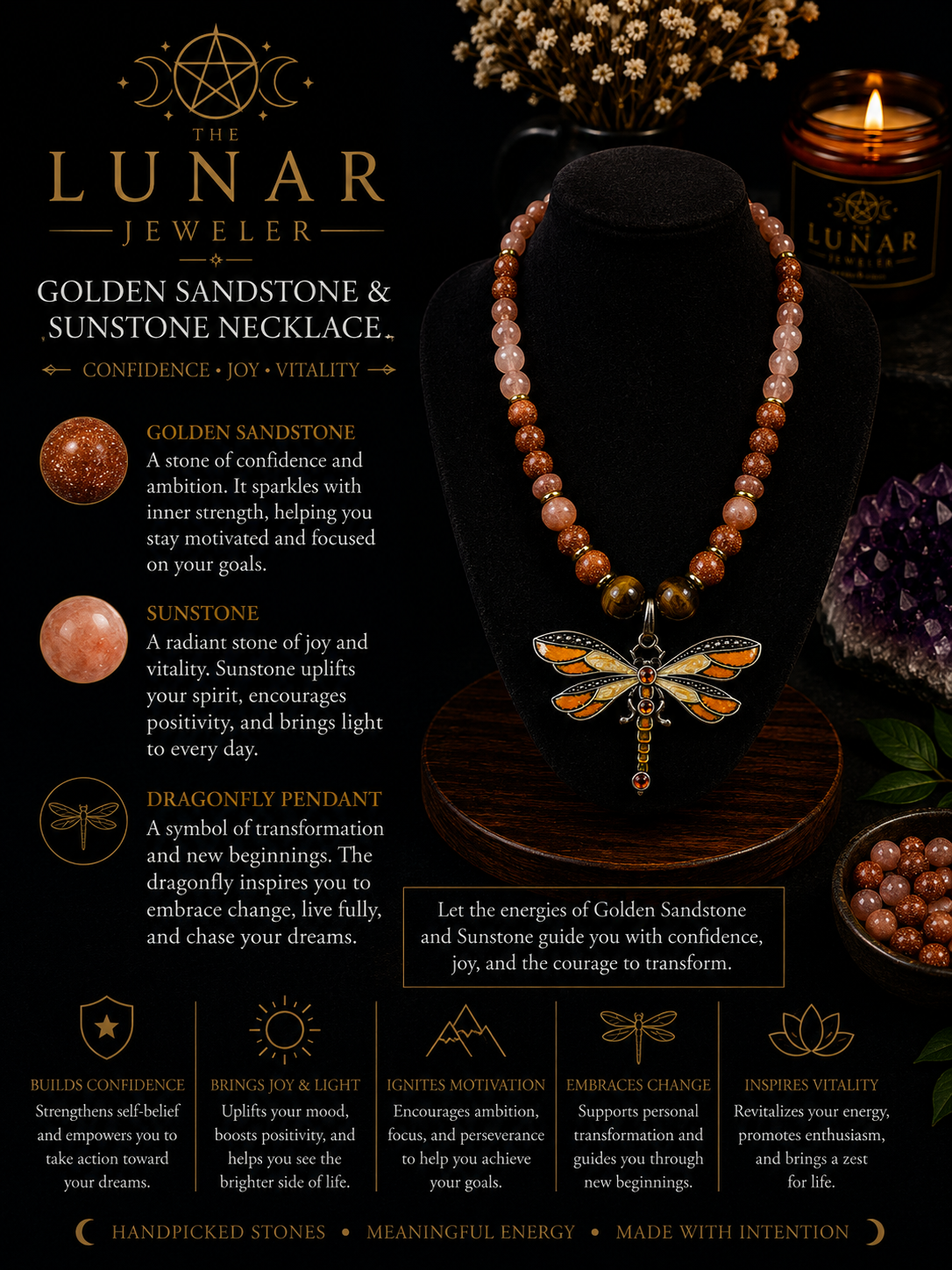 Golden Sandstone & Sunstone Beaded Necklace with Yellow Dragonfly Pendant – 22