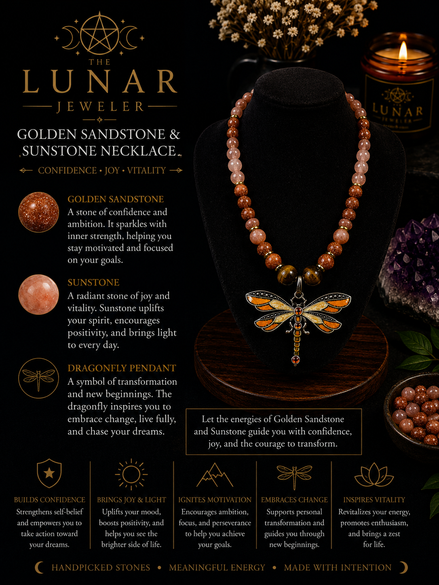 Golden Sandstone & Sunstone Beaded Necklace with Yellow Dragonfly Pendant – 22" Steel Wire Necklace