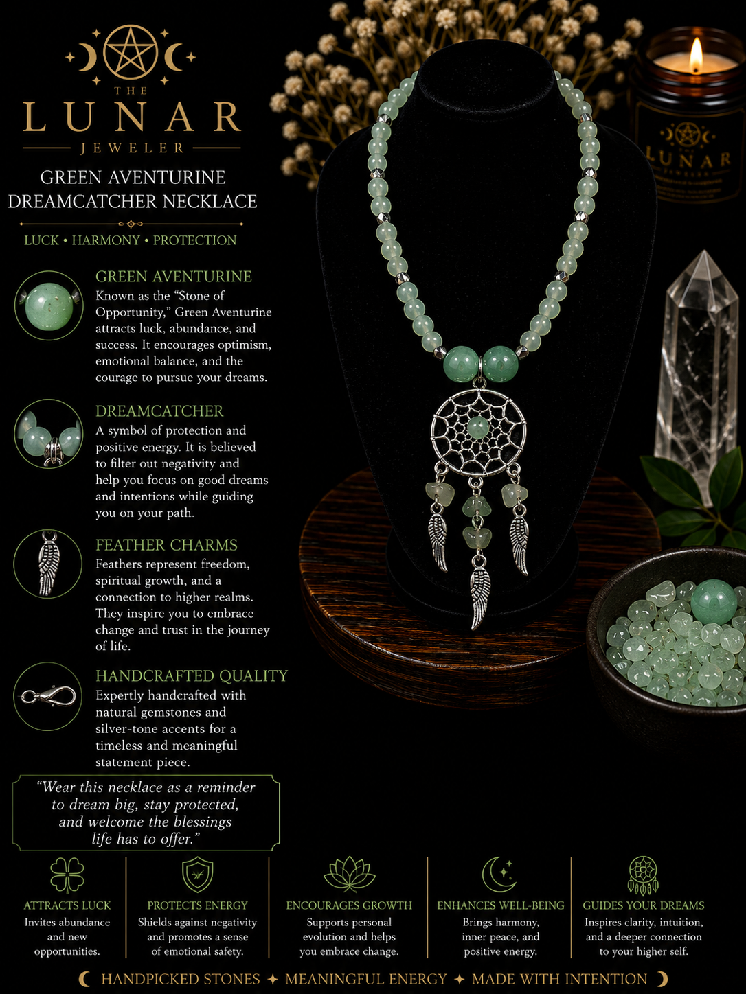 Green Aventurine 6mm Beaded Necklace with Dreamcatcher Pendant – 22" Steel Wire Necklace