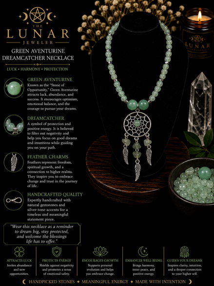 Green Aventurine 6mm Beaded Necklace with Dreamcatcher Pendant – 22" Steel Wire Necklace