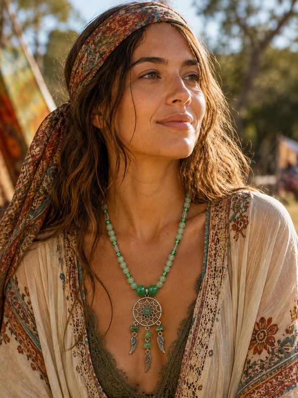Green Aventurine Dreamcatcher Necklace – 22"