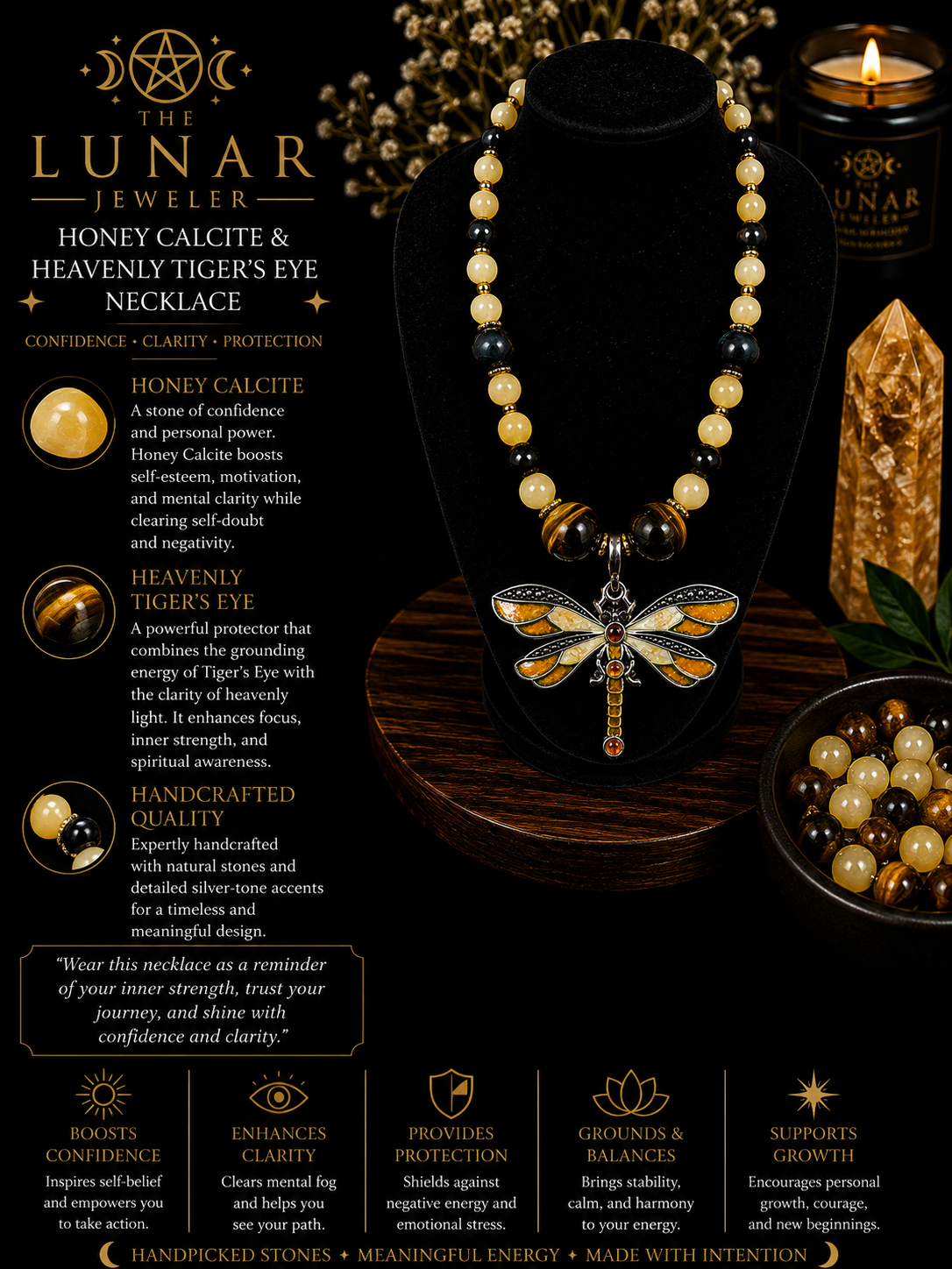 Honey Calcite & Heavenly Tiger's Eye Beaded Necklace with Yellow Dragonfly Pendant – 22