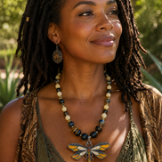 Honey Calcite & Heavenly Tiger's Eye Beaded Necklace with Yellow Dragonfly Pendant – 22