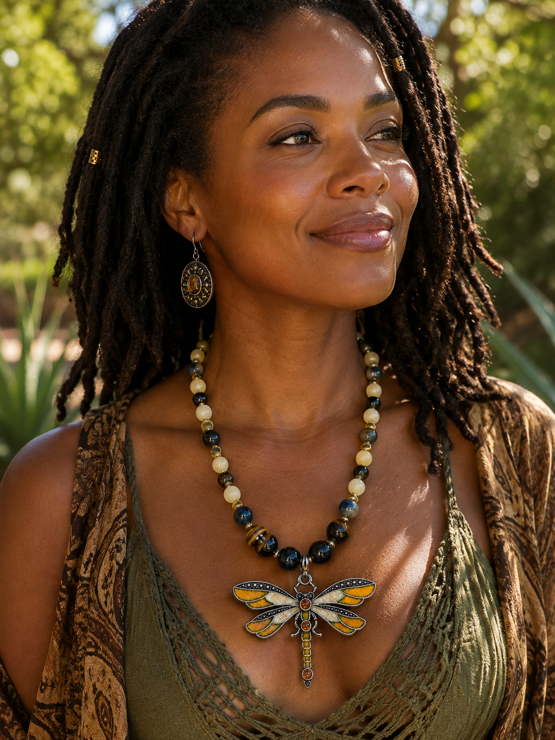 Honey Calcite & Heavenly Tiger's Eye Beaded Necklace with Yellow Dragonfly Pendant – 22