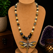 Honey Calcite & Heavenly Tiger's Eye Beaded Necklace with Yellow Dragonfly Pendant – 22