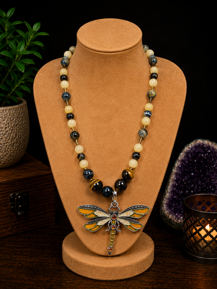 Honey Calcite & Heavenly Tiger's Eye Beaded Necklace with Yellow Dragonfly Pendant – 22" Steel Wire Necklace