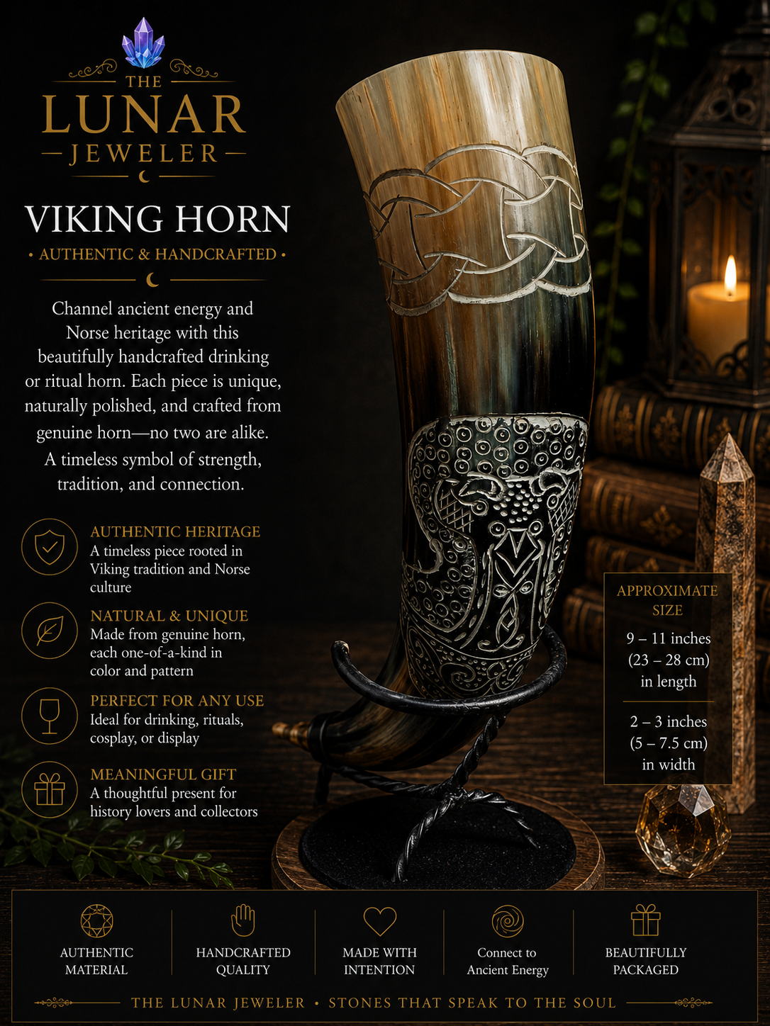 Hand-Carved Viking Drinking Horn – Natural Water Buffalo Horn