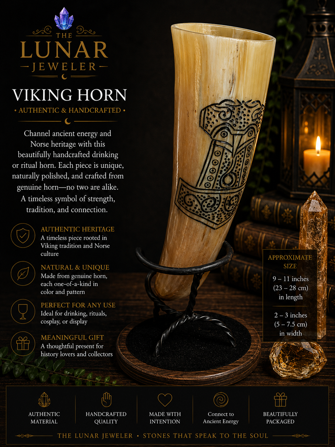 Hand-Carved Viking Drinking Horn – Natural Water Buffalo Horn