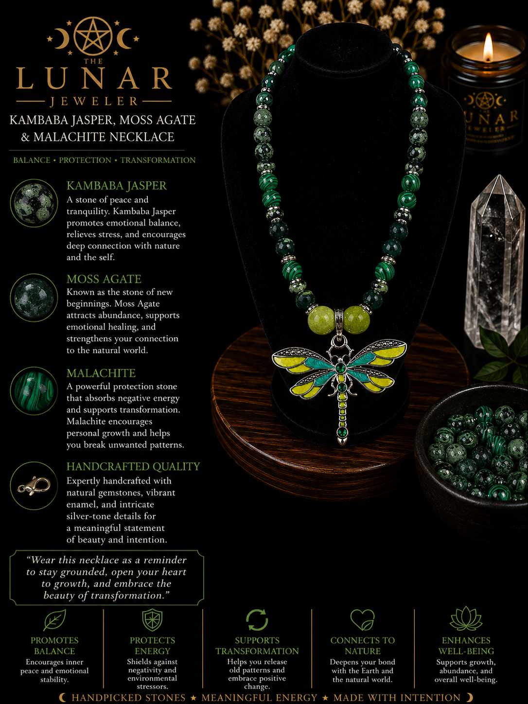 Kambaba Jasper, Moss Agate & Malachite Beaded Necklace with Green Dragonfly Pendant – 22" Steel Wire Necklace