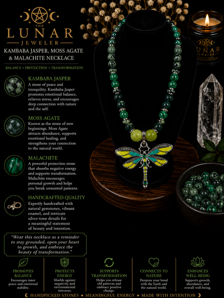 Kambaba Jasper, Moss Agate & Malachite Beaded Necklace with Green Dragonfly Pendant – 22" Steel Wire Necklace