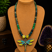 Kambaba Jasper, Moss Agate & Malachite Beaded Necklace with Green Dragonfly Pendant – 22