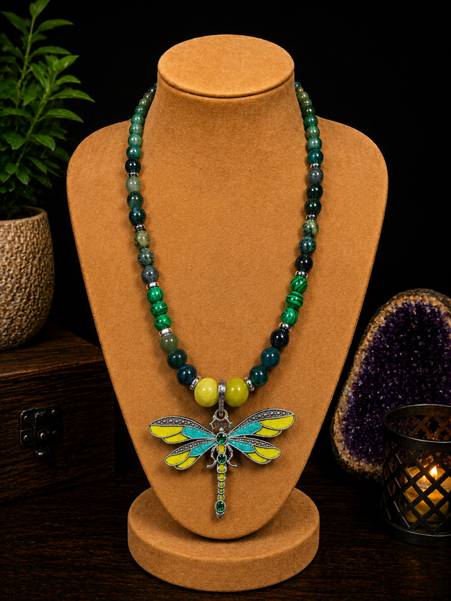 Kambaba Jasper, Moss Agate & Malachite Beaded Necklace with Green Dragonfly Pendant – 22" Steel Wire Necklace