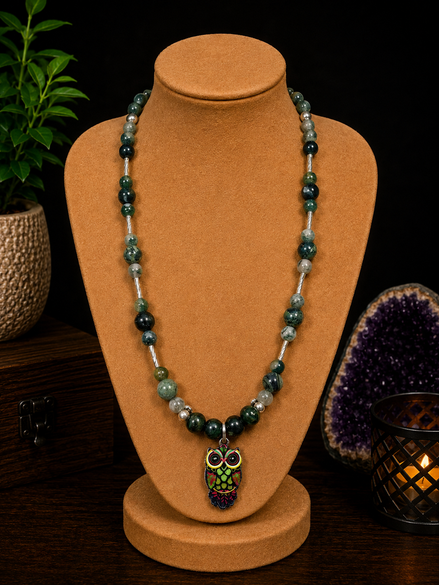 Kambaba Jasper & Moss Agate Beaded Necklace with Owl Pendant – 22" Steel Wire Necklace