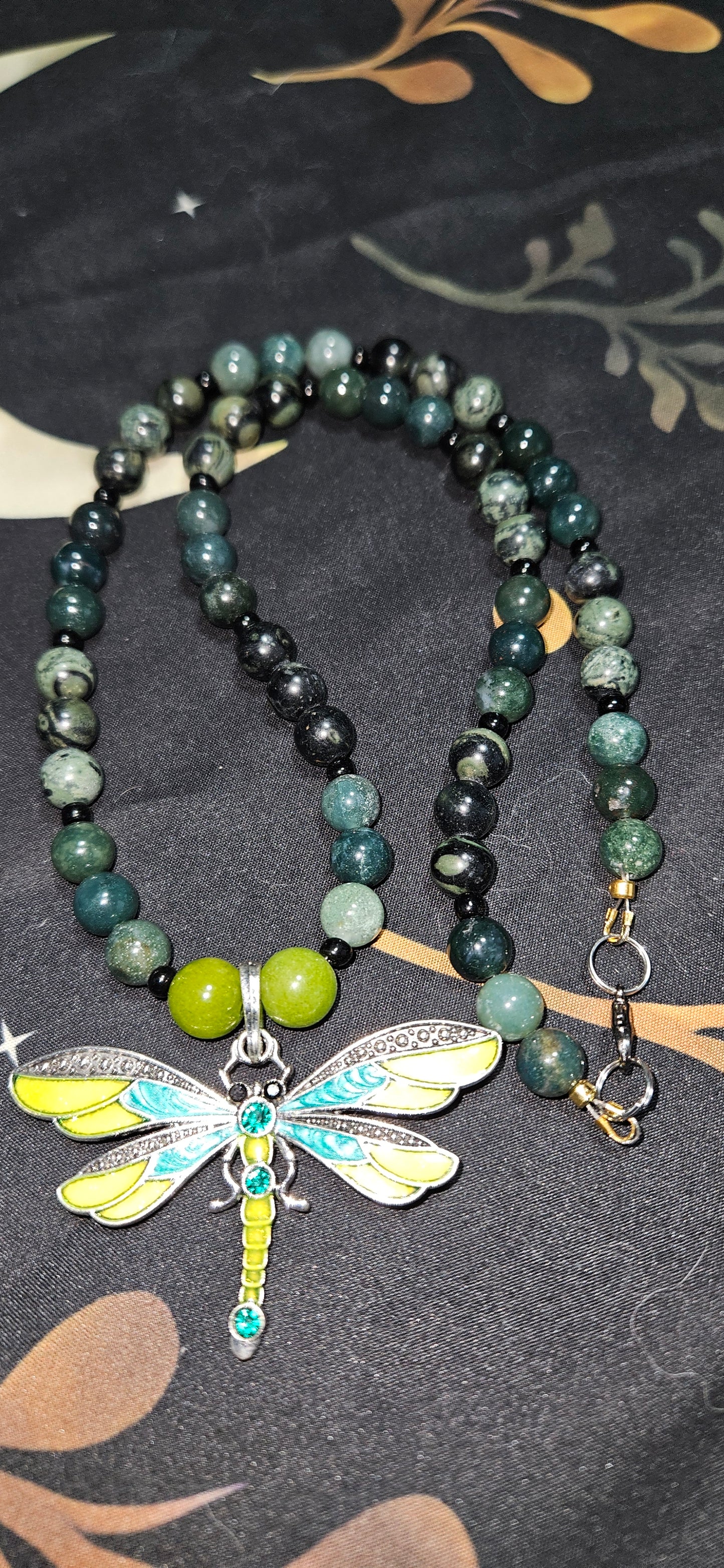 Kambaba Jasper and Moss Agate Necklace with Peridot and Dragonfly Pendant