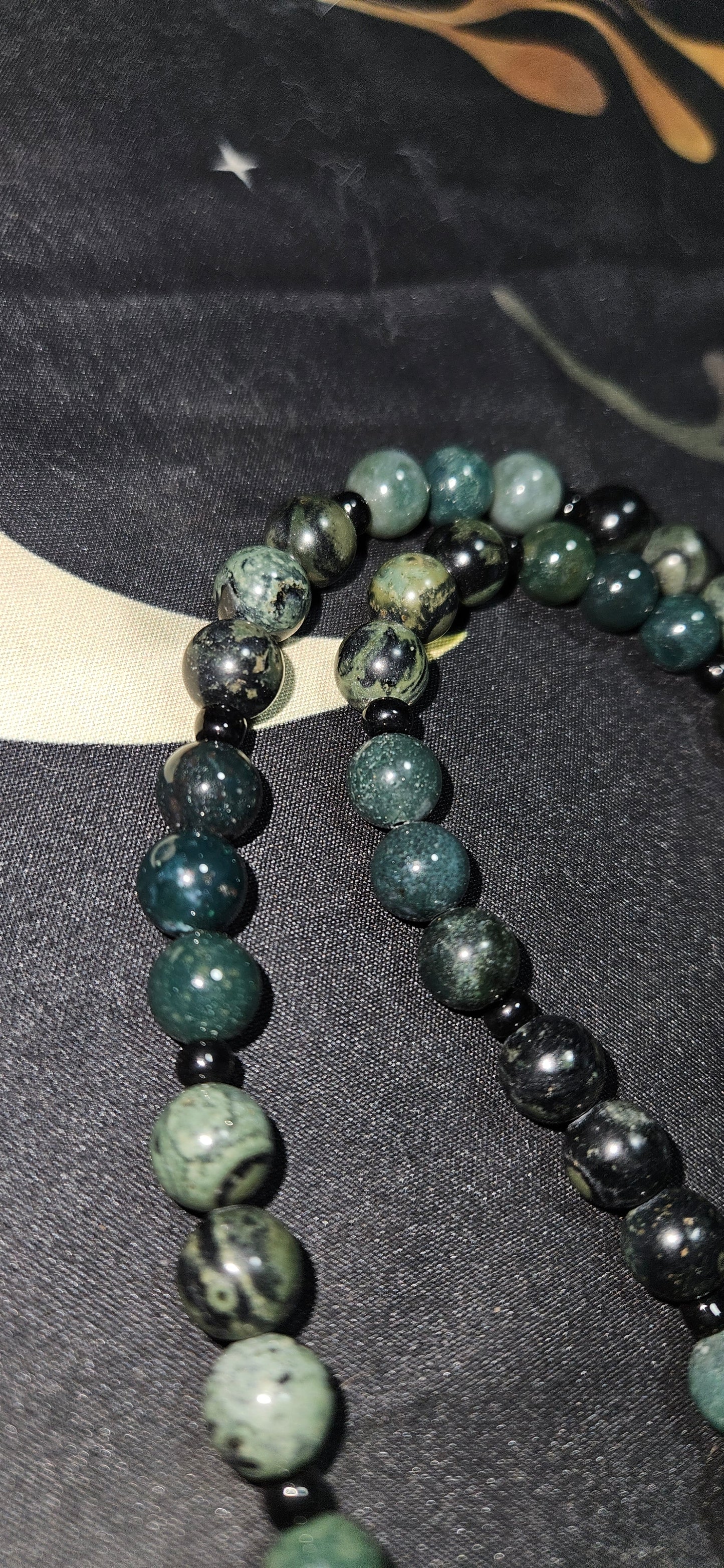 Kambaba Jasper and Moss Agate Necklace with Peridot and Dragonfly Pendant