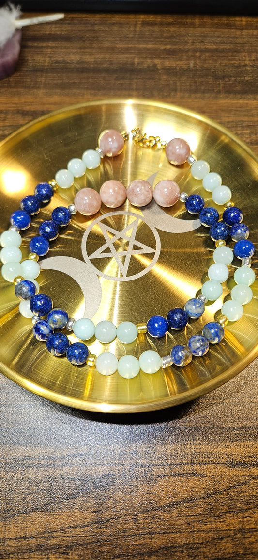 Lapis Lazuli, Amazonite & Sunstone Necklace – 21" Beaded Gemstone Jewelry