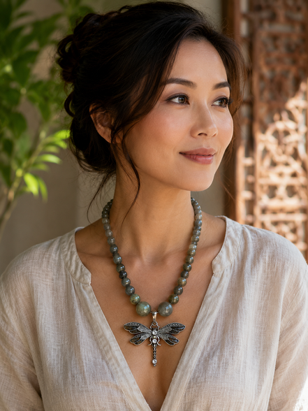 Labradorite Beaded Necklace with Black Dragonfly Pendant – 22" Steel Wire Necklace