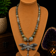 Labradorite Beaded Necklace with Black Dragonfly Pendant – 22