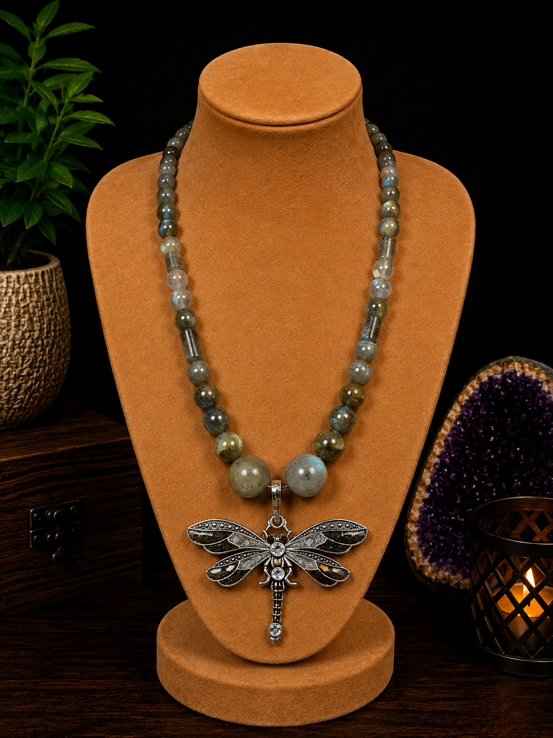 Labradorite Beaded Necklace with Black Dragonfly Pendant – 22