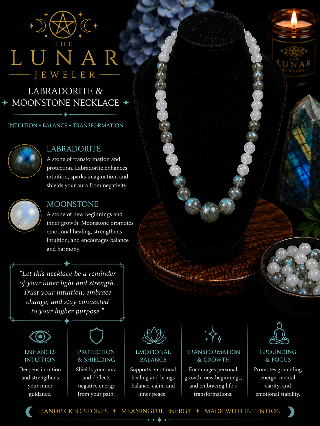 Labradorite & Moonstone Beaded Necklace – 22" Steel Wire Necklace