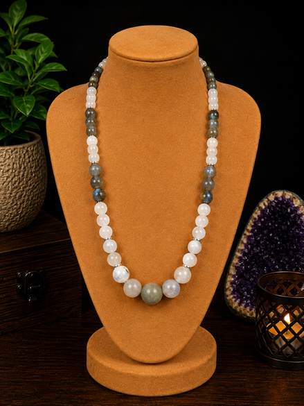 Labradorite & Moonstone Beaded Necklace – 22" Steel Wire Necklace