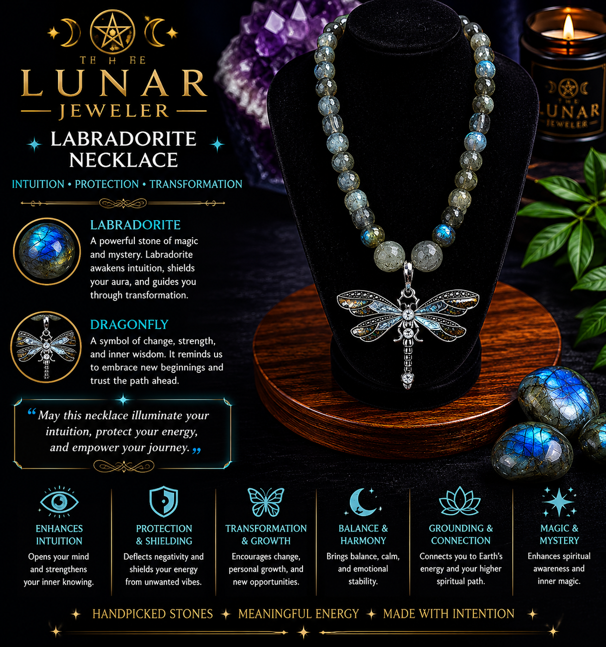 Labradorite Beaded Necklace with Black Dragonfly Pendant – 22