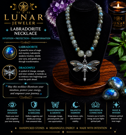 Labradorite Beaded Necklace with Black Dragonfly Pendant – 22" Steel Wire Necklace