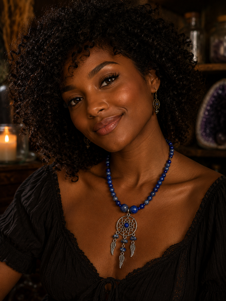 Lapis Lazuli 6mm Beaded Necklace with Dreamcatcher Charm