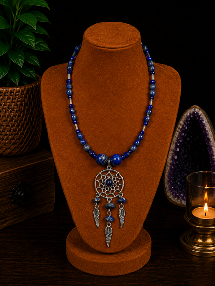 Lapis Lazuli 6mm Beaded Necklace with Dreamcatcher Charm