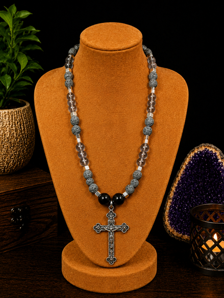 Lava Stone, Blue Topaz & Black Onyx Beaded Necklace with Cross Pendant – 22" Steel Wire Necklace