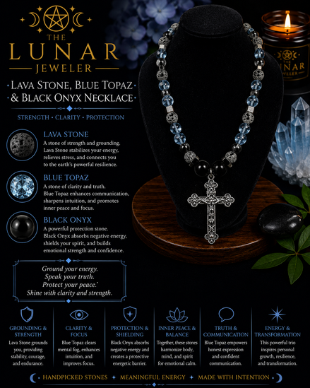 Lava Stone, Blue Topaz & Black Onyx Beaded Necklace with Cross Pendant – 22" Steel Wire Necklace