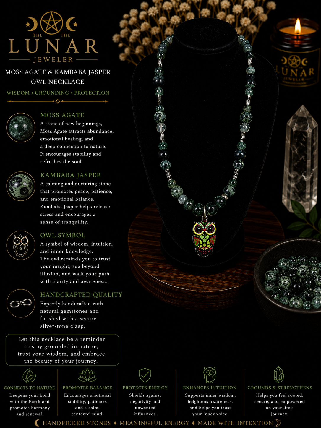 Kambaba Jasper & Moss Agate Beaded Necklace with Owl Pendant – 22" Steel Wire Necklace