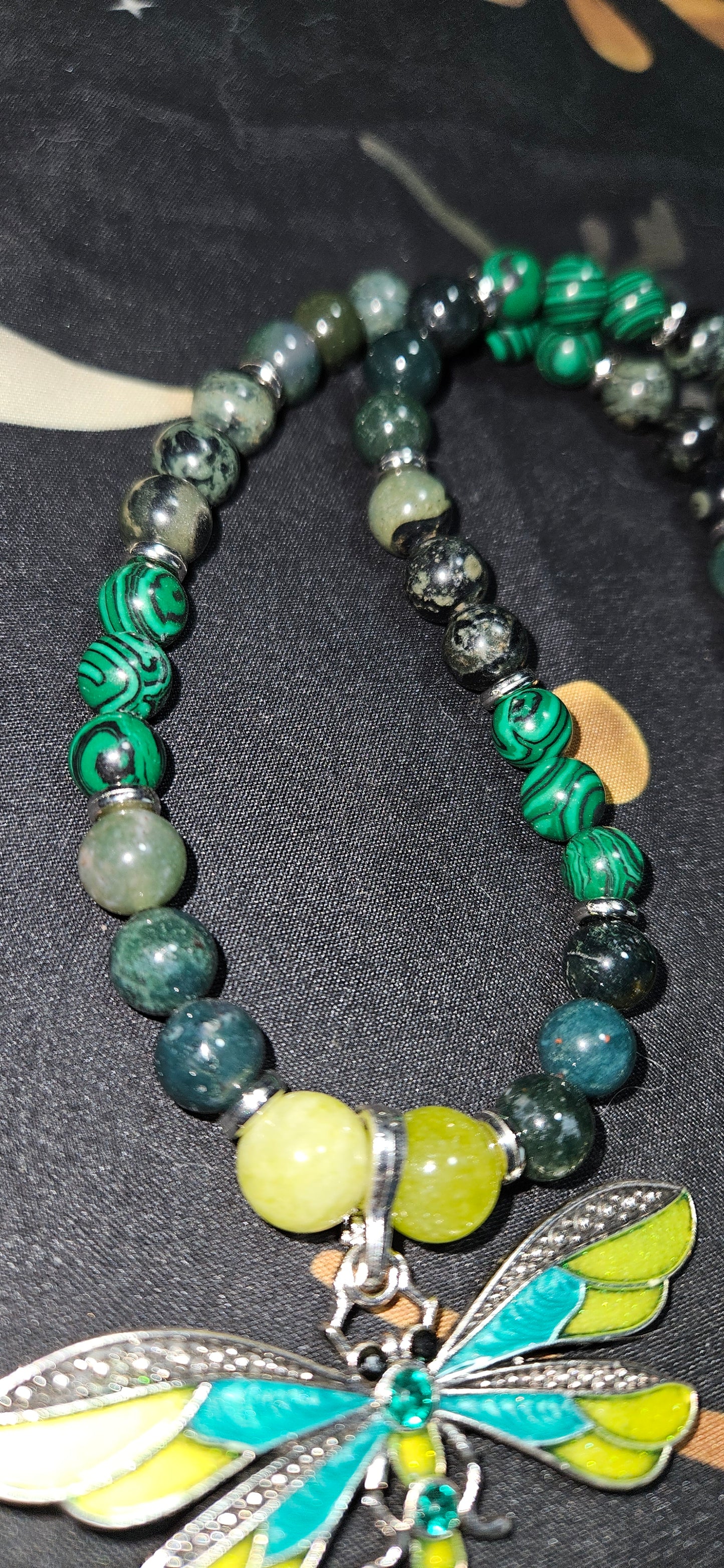 Kambaba Jasper, Moss Agate, Malachite necklace with Dragonfly Pendant