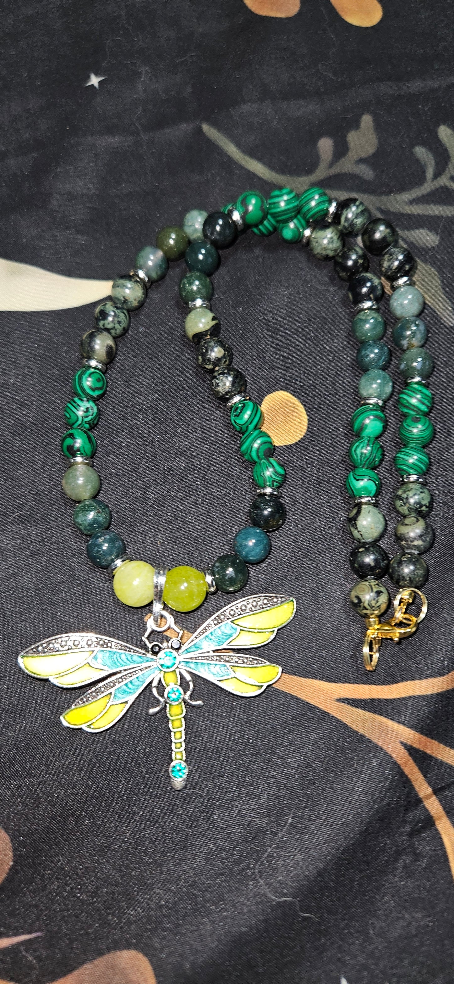 Kambaba Jasper, Moss Agate, Malachite necklace with Dragonfly Pendant