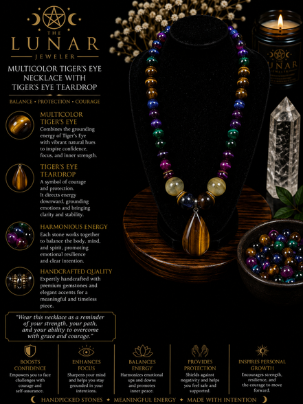 Multi-Color Tiger's Eye Beaded Necklace with Tiger's Eye Teardrop Pendant – 22" Steel Wire Necklace