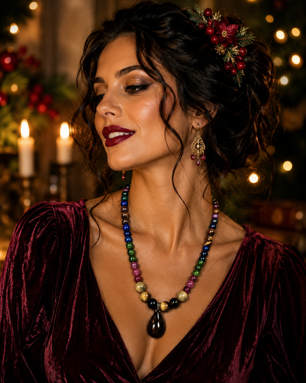 Multi-Color Tiger's Eye Beaded Necklace with Tiger's Eye Teardrop Pendant – 22" Steel Wire Necklace