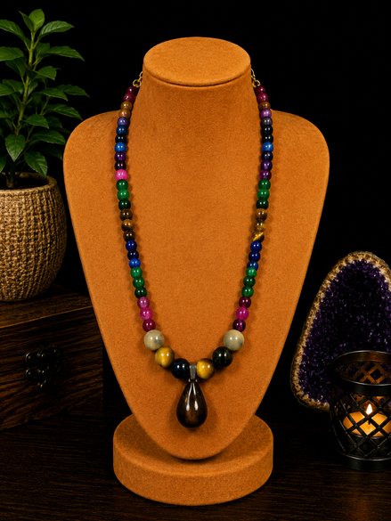 Multi-Color Tiger's Eye Beaded Necklace with Tiger's Eye Teardrop Pendant – 22" Steel Wire Necklace