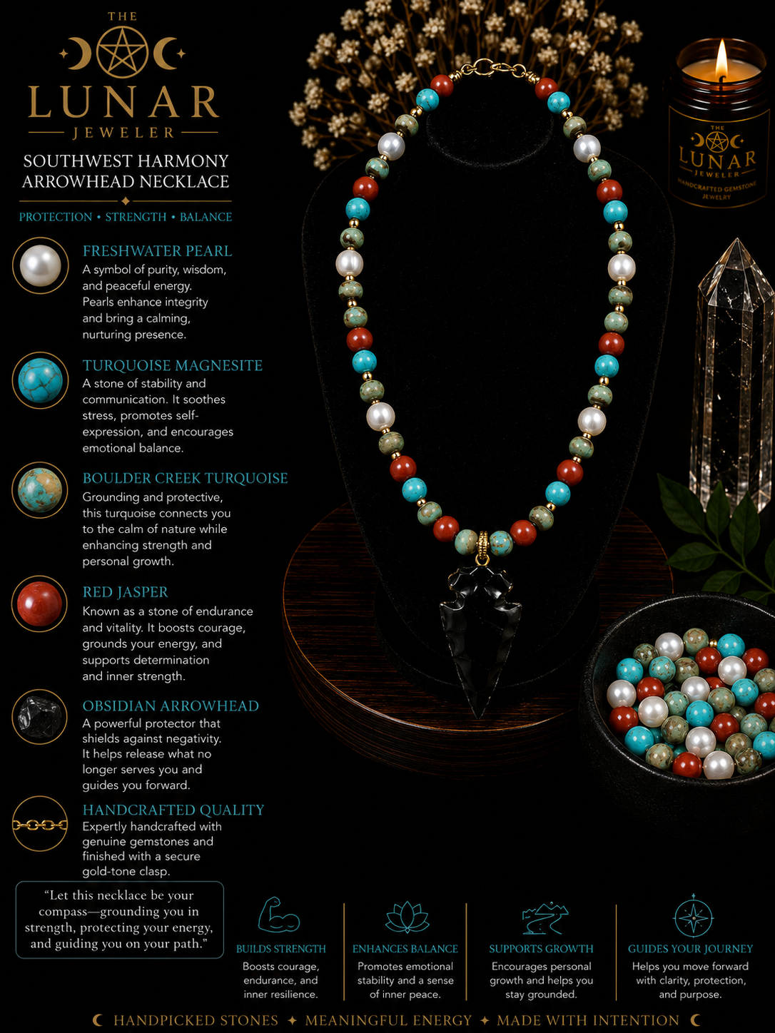 Freshwater Pearl, Turquoise Magnesite, Boulder Creek Turquoise & Red Jasper Beaded Necklace with Arrowhead Pendant – 22