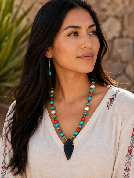 Freshwater Pearl, Turquoise Magnesite, Boulder Creek Turquoise & Red Jasper Beaded Necklace with Arrowhead Pendant – 22" Steel Wire Necklace