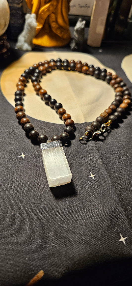 Ebony and Wengewood with Selenite Pendant Necklace