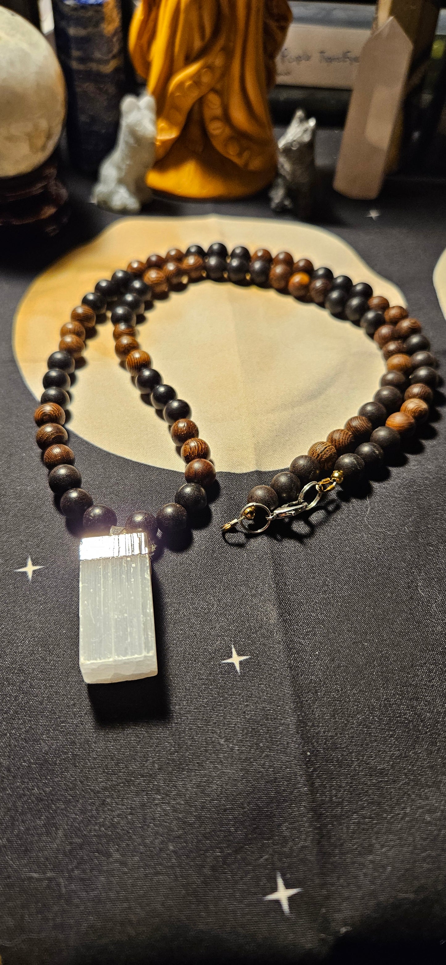 Ebony and Wengewood with Selenite Pendant Necklace