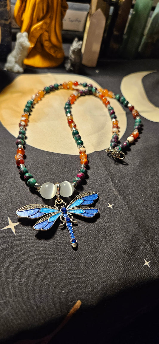 Carnelian, Citrine, Epidote, with Blue Dragonfly charm necklace