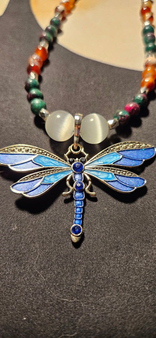 Carnelian, Citrine, Epidote, with Blue Dragonfly charm necklace